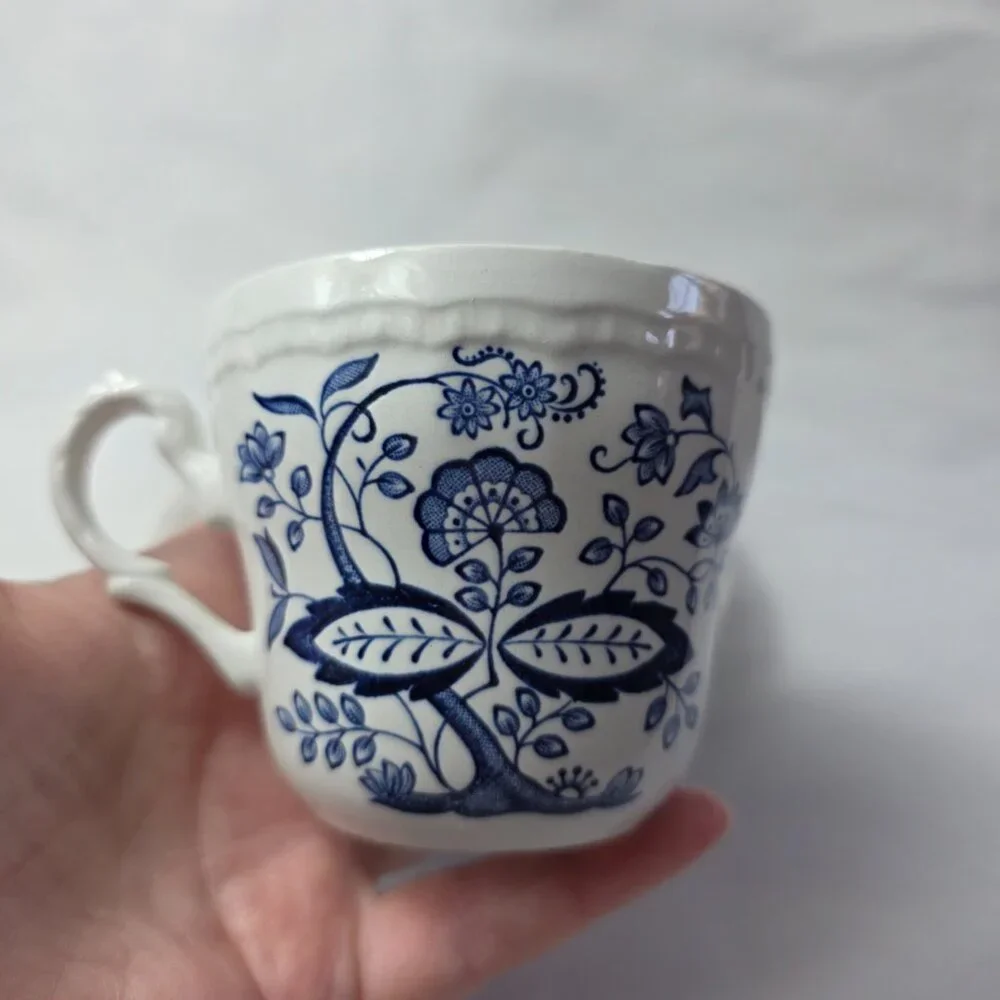 Wedgwood Blue Heritage Cup and Saucers (1 Cup 2 Saucers) White Blue Onion Design